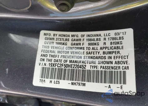 2017 Honda Civic Lx from USA, damaged, VIN 19XFC2F50HE220452